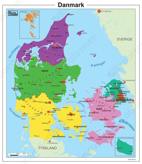 Kaart van Denemarken met Kopenhagen gemarkeerd