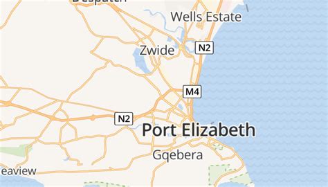 Kaart van Port Elizabeth met de locatie van de luchthaven en belangrijke bezienswaardigheden