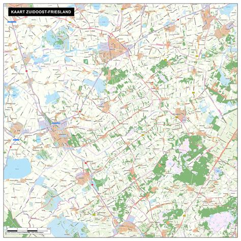 Kaart van Zuidoost-Friesland met Oosterwolde als centraal punt, omringd door natuurgebieden