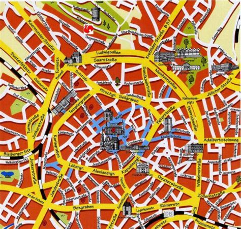 Plattegrond van het centrum van Aken met de belangrijkste bezienswaardigheden en locaties van de kerstmarkt