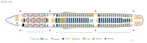 Plattegrond van de Airbus A330-300 met aanduiding van stoelafstanden en entertainment system box