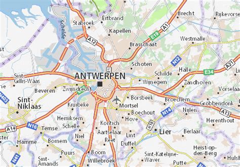 Kaart van Antwerpen met de route naar luchthaven Deurne aangegeven
