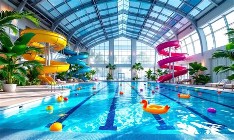 Gezinnen genieten van het binnenzwembad met glijbanen en waterspellen