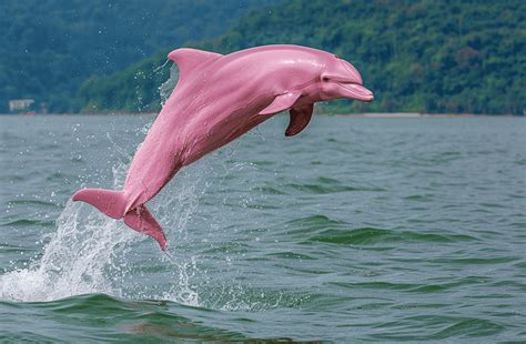 Foto van roze dolfijnen die zwemmen in de Commewijne rivier.