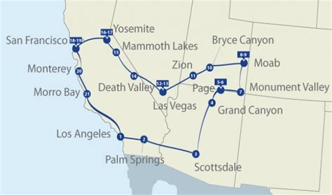 Een kaart van West-Amerika met highlights zoals de Grand Canyon, Yosemite National Park, San Francisco en Las Vegas