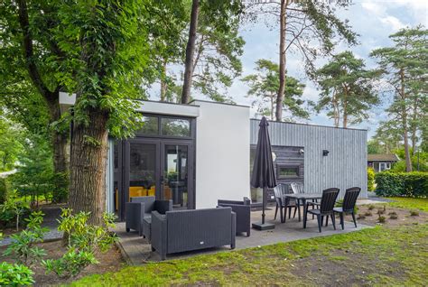 Diverse chalets en stacaravans op een groen vakantiepark