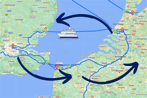 Een kaart met mogelijke cruise routes vanuit België