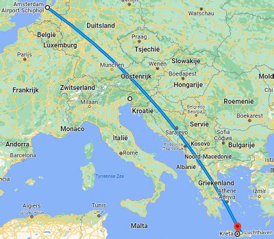 Vliegroute van Rotterdam naar Kos met indicatie van vliegtijd