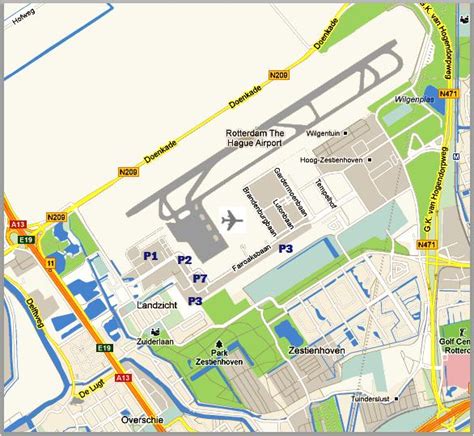 Kaart met de locatie van Rotterdam The Hague Airport en hotels in de buurt