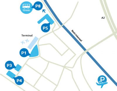 Plattegrond van de parkeerterreinen rondom Eindhoven Airport met aanduiding van P1, P3, P4 en P5.
