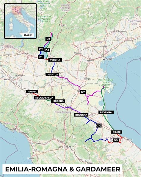 Kaart van de regio Emilia-Romagna met mogelijke roadtrip routes vanaf Reggio Emilia.