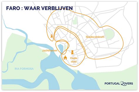 Kaart van Faro met de locatie van de luchthaven en het stadscentrum