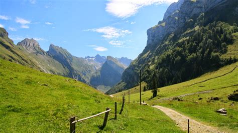 Wandelpad door een groene vallei met op de achtergrond de Oostenrijkse Alpen