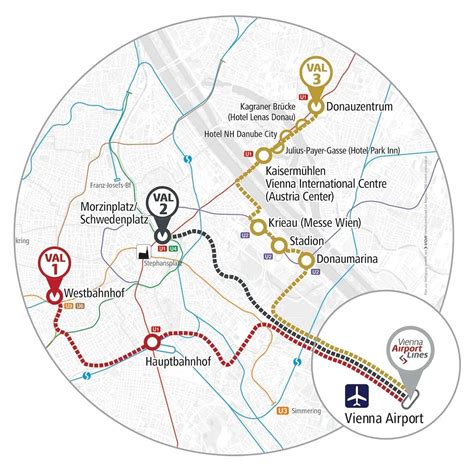 kaart van de route van Vienna International Airport naar het centrum van Wenen