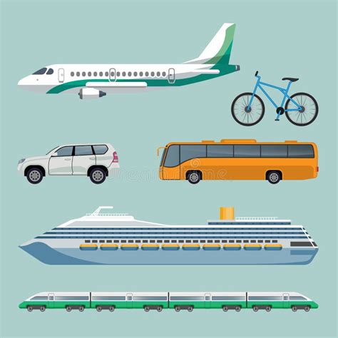 Illustratie van verschillende vervoersmiddelen die gebruikt worden voor recreatief reizen, zoals een auto, trein, vliegtuig en boot.