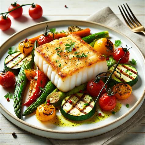 Serveerbord met verse gegrilde vis en lokale groenten.