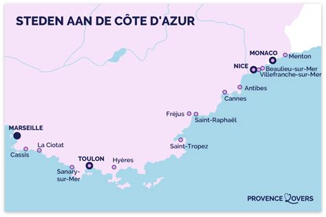 Overzichtskaart van de Côte d'Azur met belangrijke steden en campings