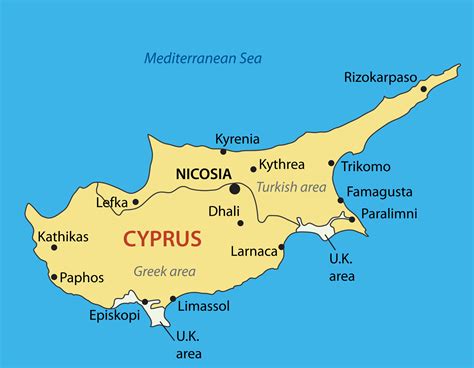 een kaart van Cyprus met de locaties van Limassol, Paphos en Larnaca gemarkeerd