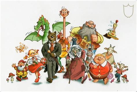 Illustratie van diverse Efteling sprookjesfiguren, zoals Roodkapje, de wolf en kabouters.