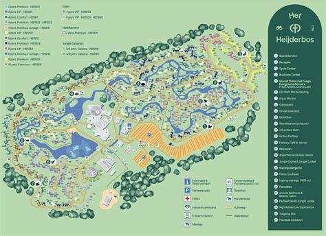 Een overzichtskaart van Center Parcs Het Heijderbos met nadruk op de groene zones