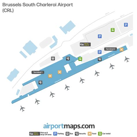 Schematische kaart van Brussels South Charleroi Airport met aanduiding van terminals en belangrijke faciliteiten.