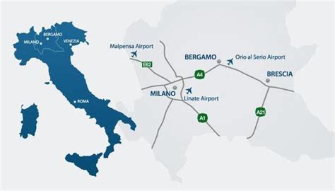 Kaart van Noord-Italië met de locaties van de luchthavens Bergamo, Milaan Malpensa, Milaan Linate en Lugano ten opzichte van het Comomeer.
