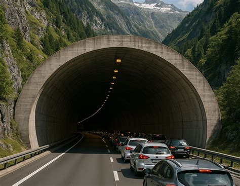 Schematische weergave van de Gotthardtunnel met indicatie van drukke periodes