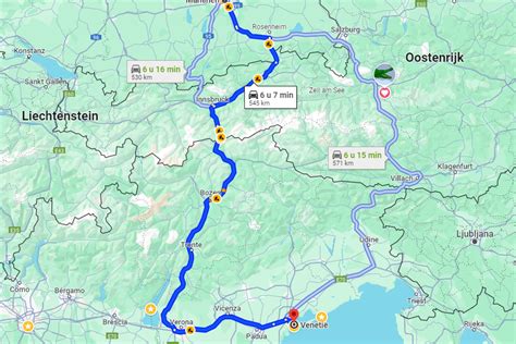 Overzichtskaart van populaire routes door Oostenrijk naar Italië