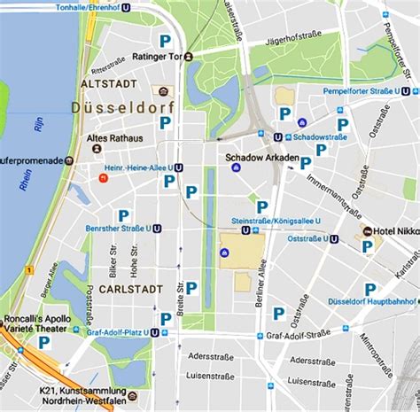 Kaart met parkeergarages in het centrum van Düsseldorf