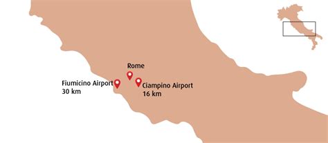 Kaart van Rome met de locaties van Luchthaven Fiumicino en Ciampino ten opzichte van het stadscentrum.