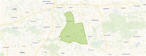 Kaart van de gemeente Dongen met de ligging ten opzichte van omliggende steden en attractieparken.