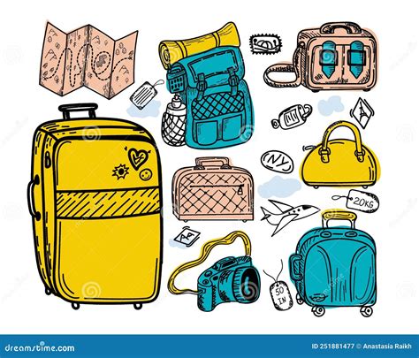 Illustratie van een vliegtuig met verschillende soorten bagage, waaronder een hengelkoker en koffer.