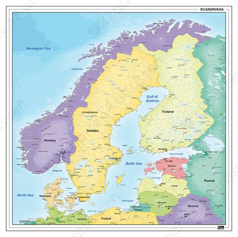 Kaart van Scandinavië met de belangrijkste vliegroutes naar Noorwegen en IJsland vanuit Nederland.