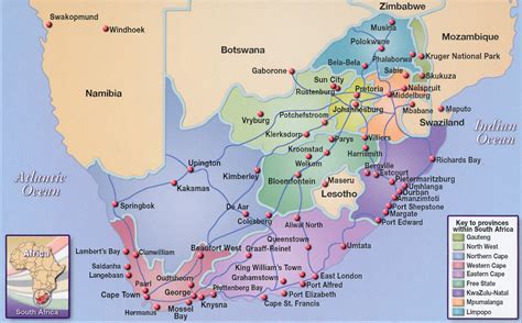 Kaart van Zuid-Afrika met de belangrijkste toeristische regio's en steden