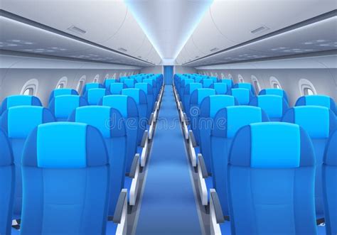Illustratie van een vliegtuigcabine met comfortabele stoelen en passagiers.