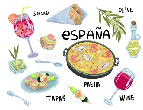 Illustratie van traditionele Spaanse tapas en sangria.