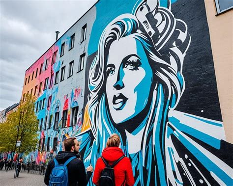 Een levendige straatscène in Berlijn, met graffiti op de muren en mensen die fietsen en winkelen.