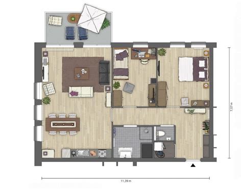 Indeling van een appartement met woonruimte, keuken en badkamer
