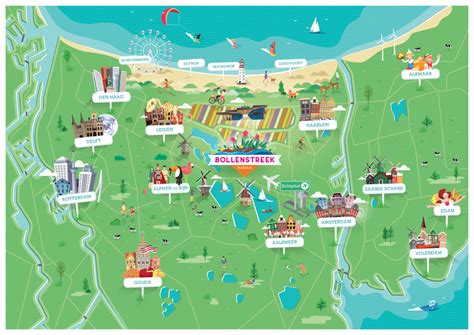 Een kaart van de Bollenstreek met markeringen voor steden, musea en Keukenhof.