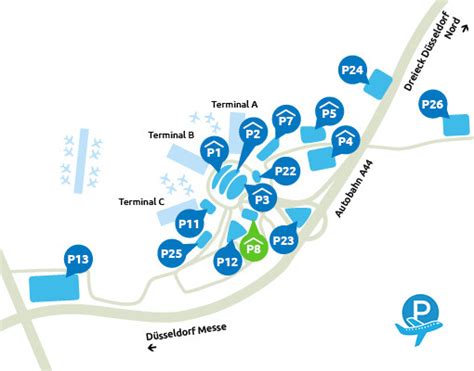 Overzicht van parkeerterreinen met shuttle service bij Düsseldorf Airport