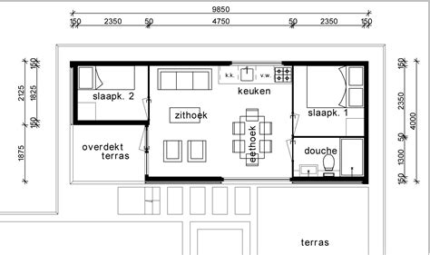 Plattegrond van een moderne stacaravan met drie slaapkamers, woonkamer, keuken en terras