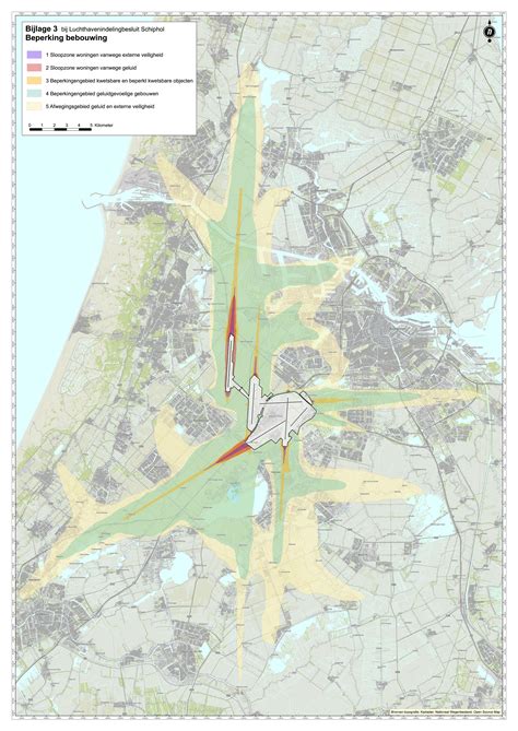 Kaart met geluidscontouren rond een luchthaven.