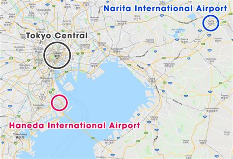 Kaart van de regio Tokio met de locaties van Narita en Haneda Airport