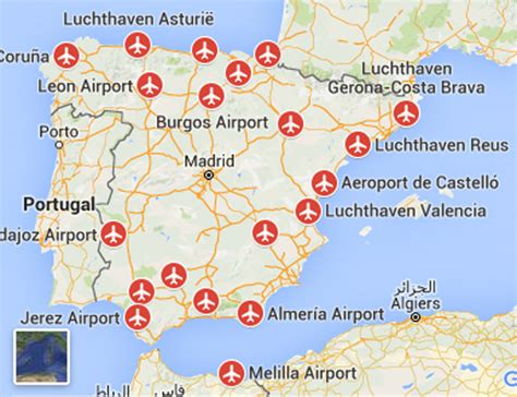 Kaart van Spanje met routes vanaf Vliegveld León