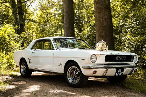 Een bruidspaar stapt uit een witte Ford Mustang cabrio, met op de achtergrond een landschappelijk Drents tafereel