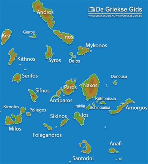 Een kaart van de Griekse Cycladen met de belangrijkste eilanden en ferryverbindingen.