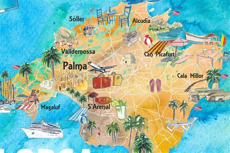 Kaart van Mallorca met belangrijke bezienswaardigheden gemarkeerd