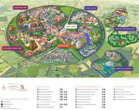 Kaart van Disneyland Parijs met de twee parken (Disneyland Park en Walt Disney Studios Park) en de belangrijkste attracties aangegeven.