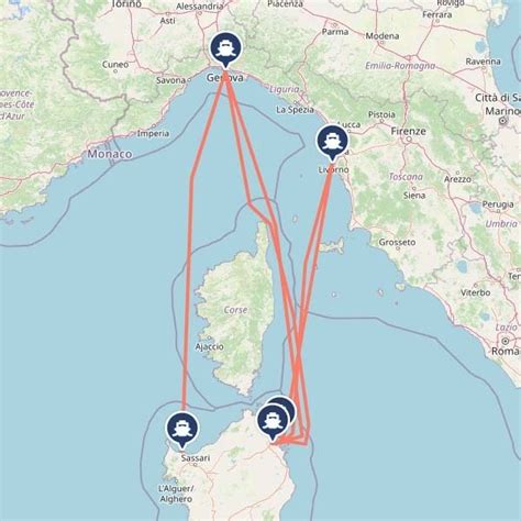 Een kaart die de route van de luchthaven van Genua naar de cruiseterminal toont