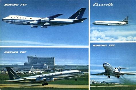 Collage van historische Transavia-vliegtuigen: Douglas DC-6, Boeing 707, Caravelle, Boeing 737, en Boeing 757.